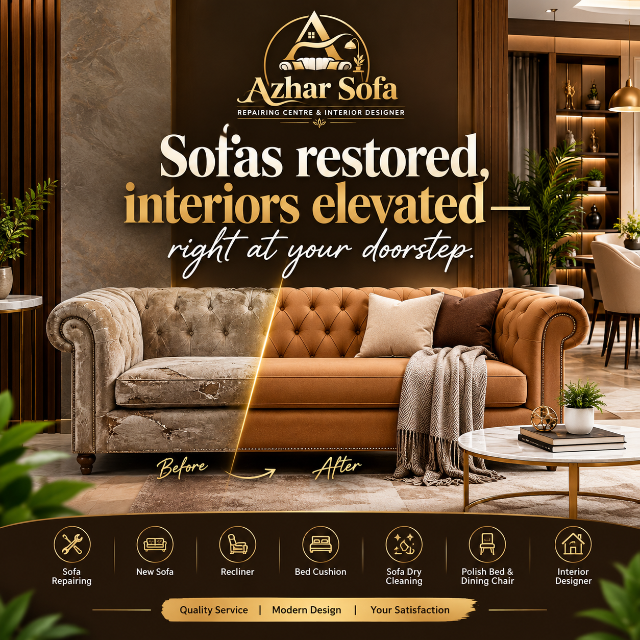 Azhar Sofa Repairing Centre workshop with a sofa being reupholstered
